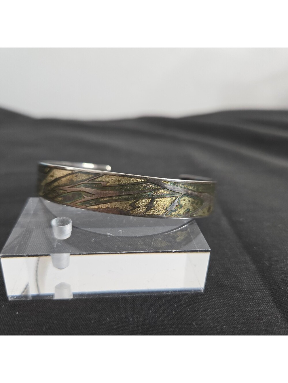 Vintage Sterling Silver Nature Motif Cuff Bracelet Iridescent Inlay Artisan